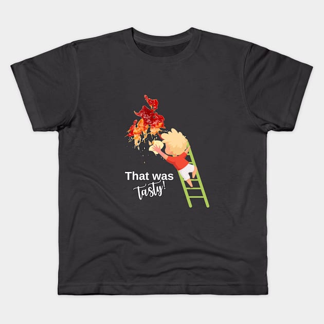 funny design with ketchup stain and kid, for dark background Kids T-Shirt by Artpassion